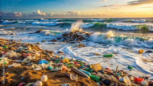 Oil-slicked waves crash against a desolate shoreline littered with discarded plastic bottles, bags, and debris, polluting the once-pristine ocean ecosystem. photo