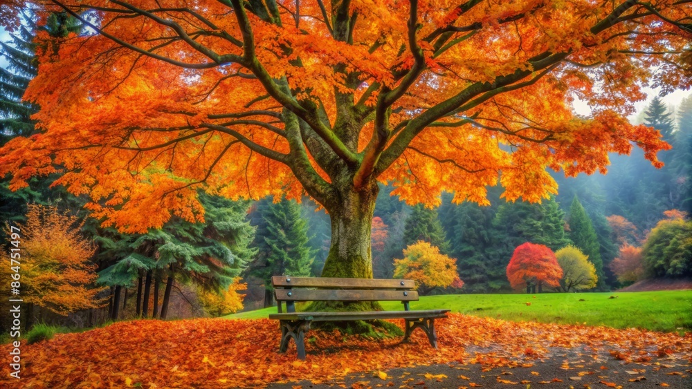 Vibrant orange autumn tree stands tall above a rustic wooden bench surrounded by a carpet of fallen leaves and moss. Vibrant orange autumn tree stands tall above a rustic wooden bench surrounded by a carpet of fallen leaves and moss.