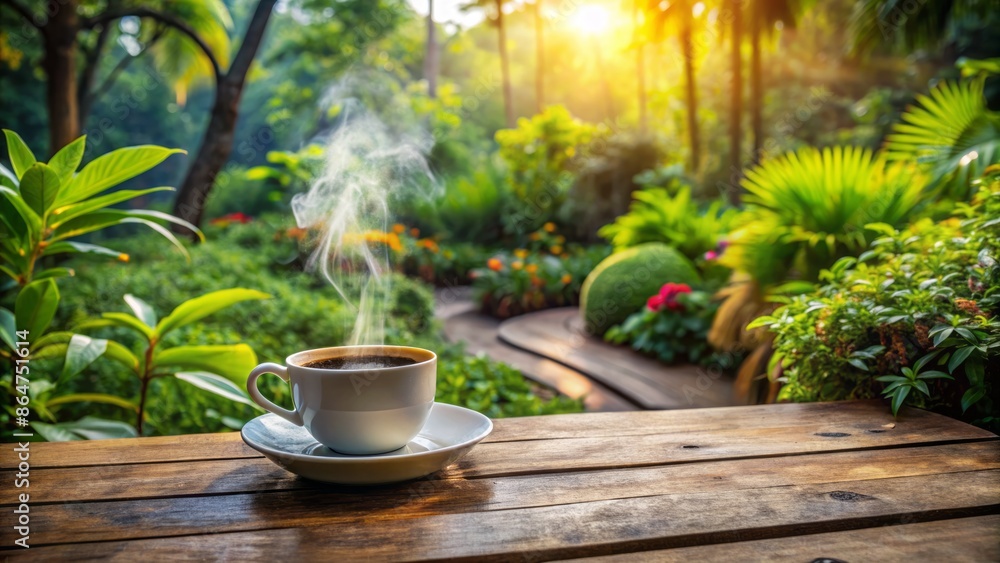 Serene morning scene featuring steaming cup of freshly brewed coffee on rustic wooden table amidst lush greenery in tranquil garden oasis. Serene morning scene featuring steaming cup of freshly brewed coffee on rustic wooden table amidst lush greenery in tranquil garden oasis.