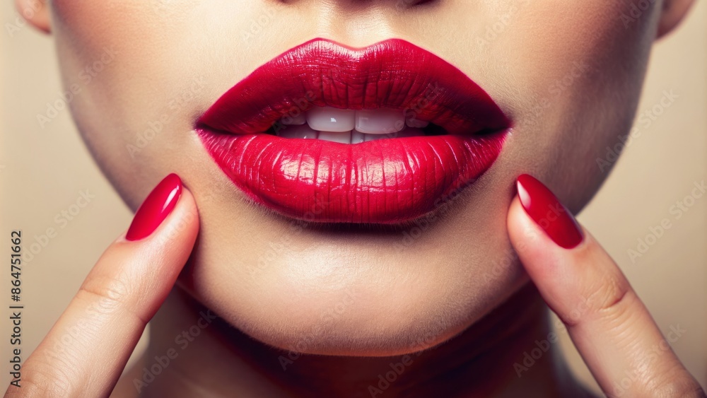 Fototapeta premium Vibrant close-up of feminine lips, subtly highlighted with lipstick, against a soft cream-colored background with elegant hand gesture.