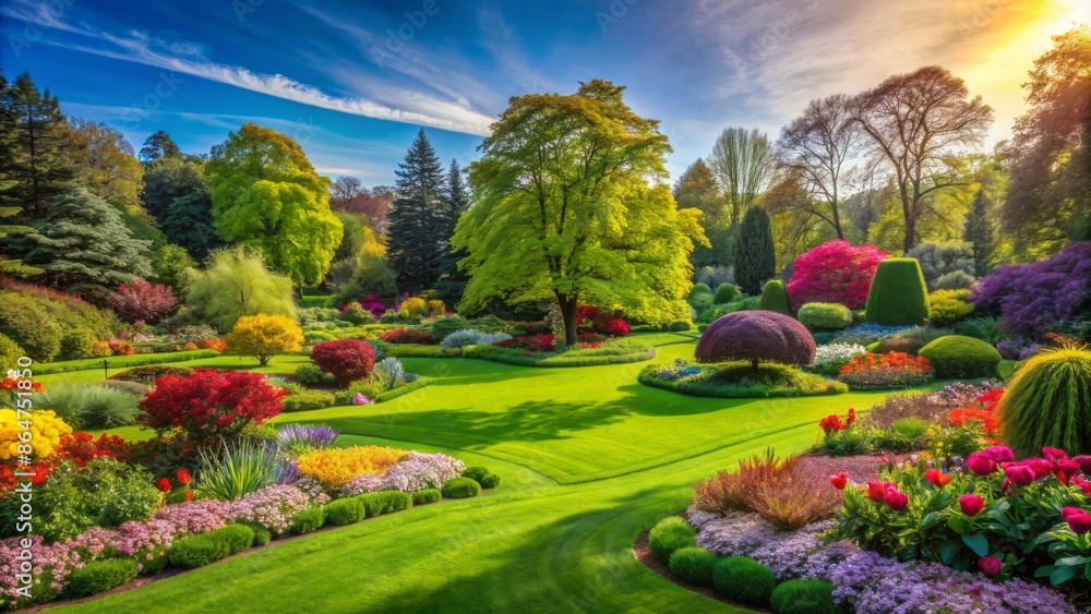 Fototapeta premium Serene and vibrant landscape of a perfectly maintained garden featuring lush green lawns, majestic trees, and colorful blooming flowers everywhere.