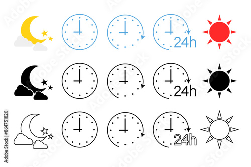 1日のサイクルを表した時計・太陽・月のアイコンセット