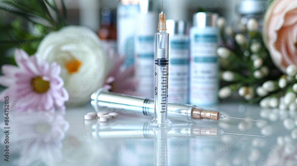 Weight loss injection. Medical syringes on a reflective surface with