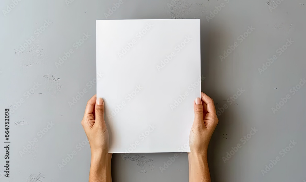 Woman's Hands Holding Blank White Paper Against Grey Background Woman's Hands Holding Blank White Paper Against Grey Background