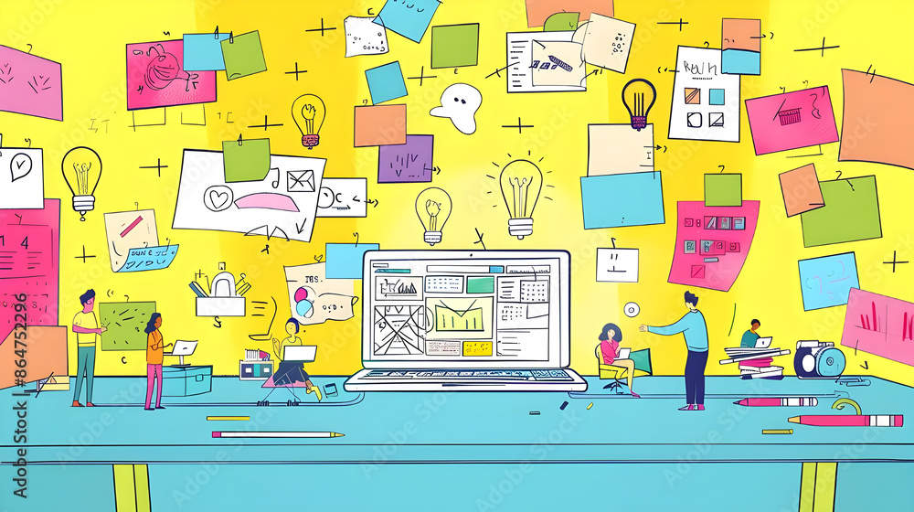 Fototapeta premium Creative Workspace with Sticky Notes and Lightbulbs