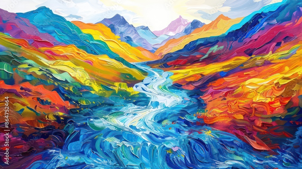 A painting of a river with mountains in the background A painting of a river with mountains in the background