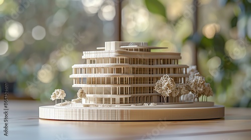 Architectural scale model of a modern, multi-story building, showcased with fine details and surrounded by miniature trees on a wooden table. photo