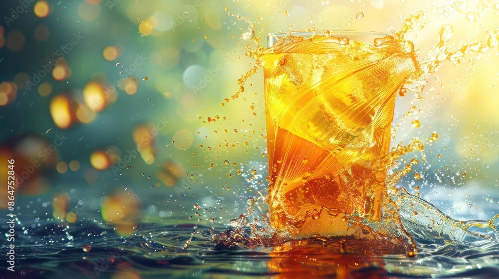 A glass of liquid is splashing in the water A glass of liquid is splashing in the water