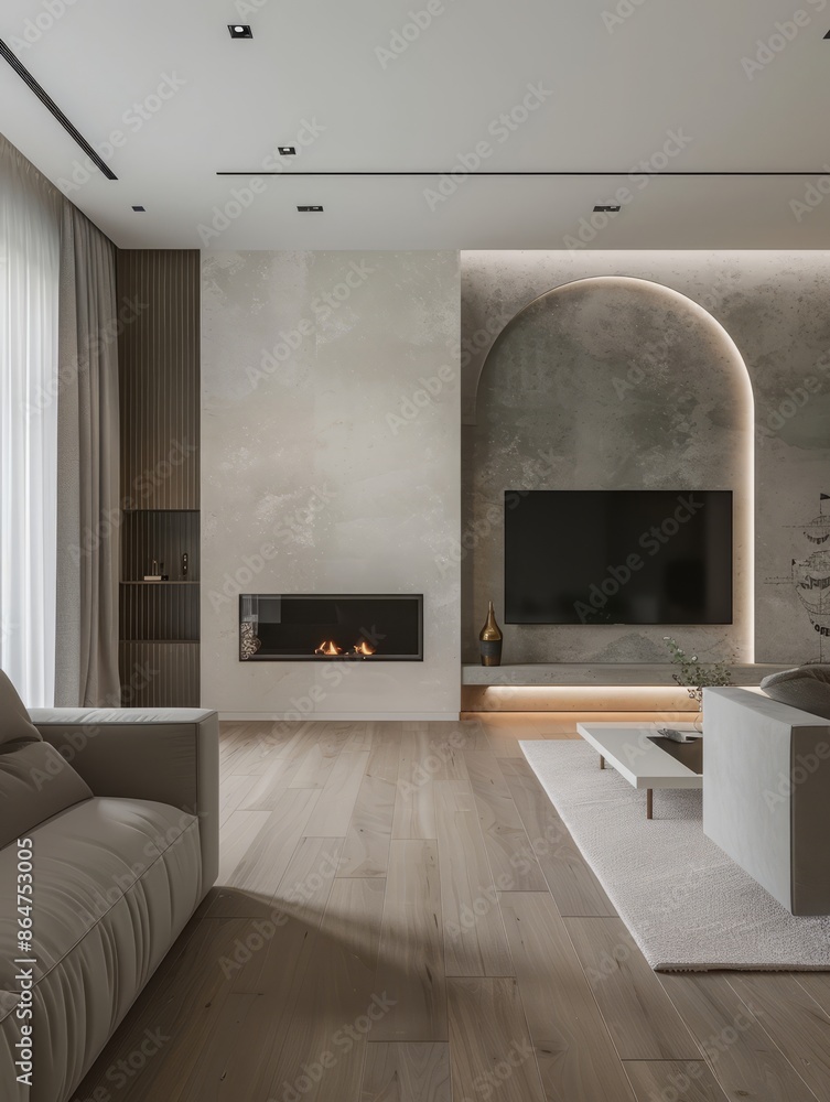 Modern interior design, white columns with a built-in fireplace and wall TV, modern minimalism, light oak floors, gray walls, natural lighting, minimalist decor, modern artist style Modern interior design, white columns with a built-in fireplace and wall TV, modern minimalism, light oak floors, gray walls, natural lighting, minimalist decor, modern artist style