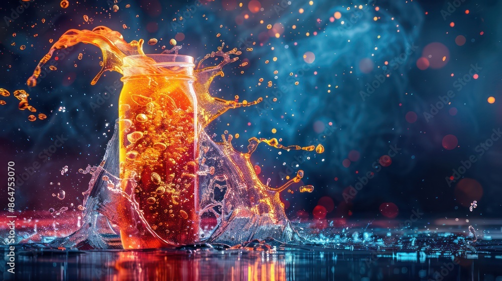 A glass of liquid is splashing water around it A glass of liquid is splashing water around it