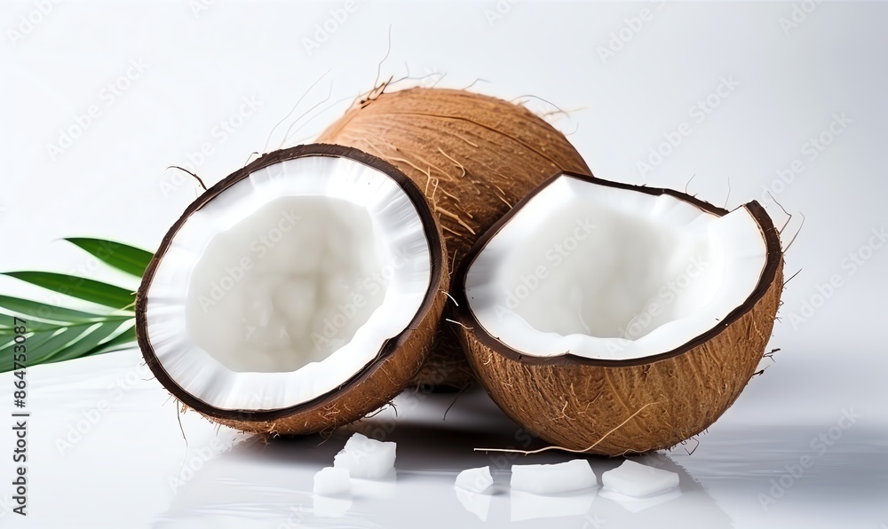 Coconut halves with palm leaf on white background Coconut halves with palm leaf on white background