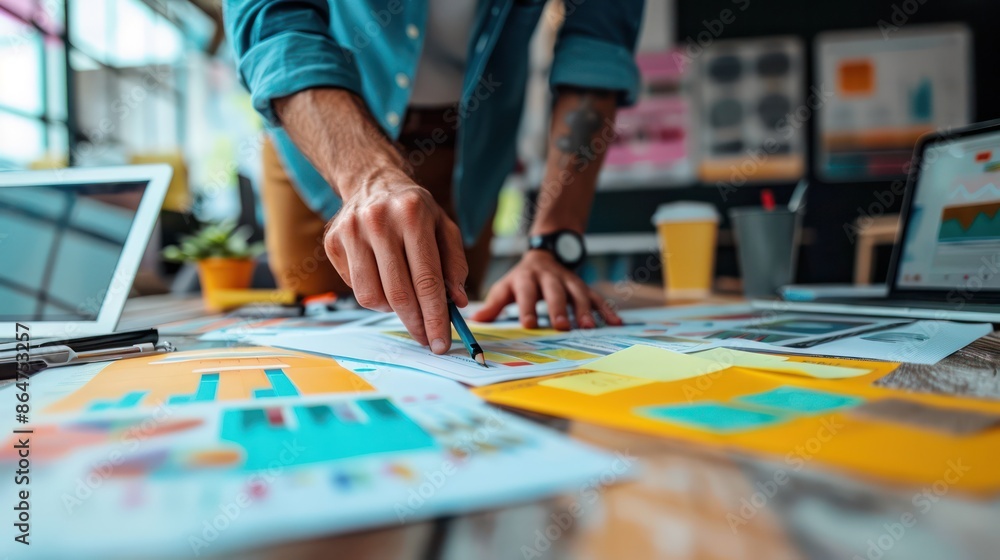 Obraz premium A man is drawing on a table with a pencil and a yellow sticky note