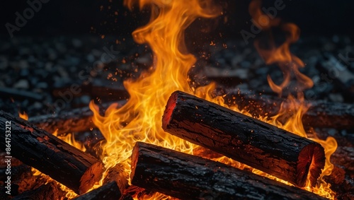 Intense flames and glowing embers create a dramatic scene of fire, showcasing the beauty and destructiveness of burning heat and energy. photo