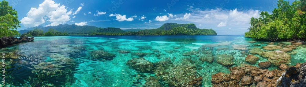 A beautiful blue ocean with a rocky shoreline A beautiful blue ocean with a rocky shoreline