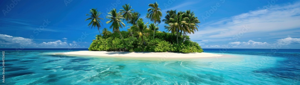 A beautiful island with palm trees and a clear blue ocean A beautiful island with palm trees and a clear blue ocean