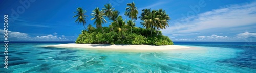 A beautiful island with palm trees and a clear blue ocean