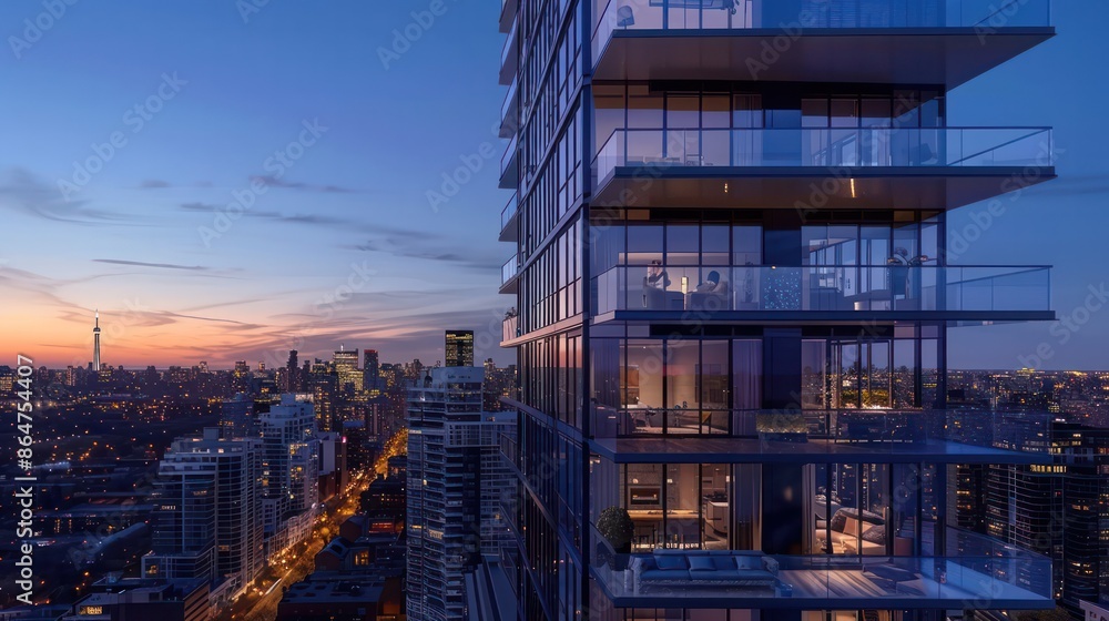 Fototapeta premium A tall building with a glass facade and balconies overlooking a city at night