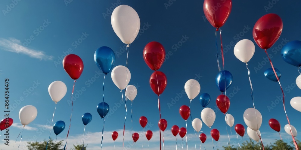 Red, white, and blue balloons with glossy finish floating under blue sky Memorial Day. Red, white, and blue balloons with glossy finish floating under blue sky Memorial Day.