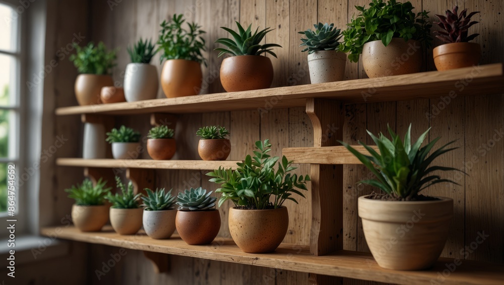 Wooden shelves with beautiful plants and pots. Wooden shelves with beautiful plants and pots.