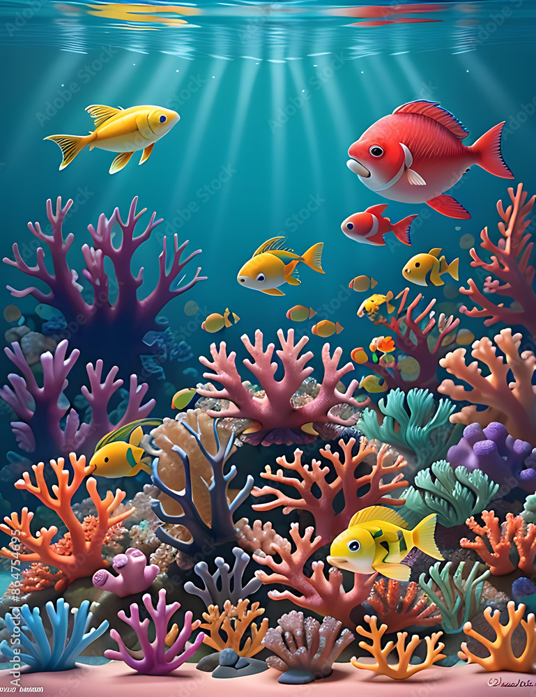 Naklejka premium The diverse ecosystem of a coral reef, showcasing vibrant marine life and the intricate details of the underwater environment