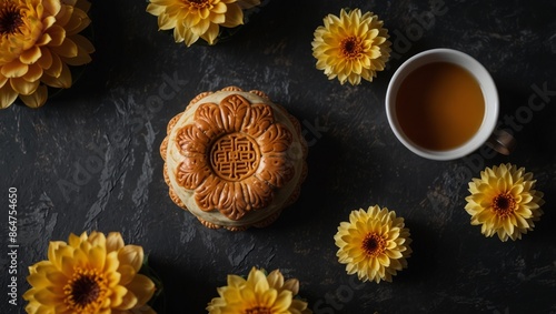 Mid-Autumn Festival traditional food concept - Beautiful Moon cake on black slate table with tea, pastry mold, flower, top view, flat lay, copy space. photo