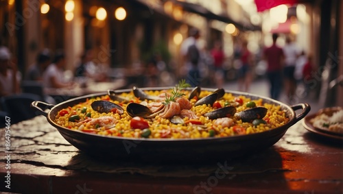 Spanish paella prepared in the street restaurant.