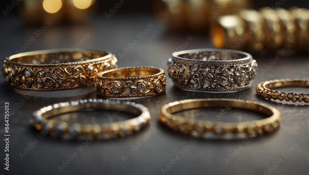 delicate gold and silver jewelry, including bracelets, necklaces, rings, earrings, and other accessories on an elegant table with soft lighting. delicate gold and silver jewelry, including bracelets, necklaces, rings, earrings, and other accessories on an elegant table with soft lighting.