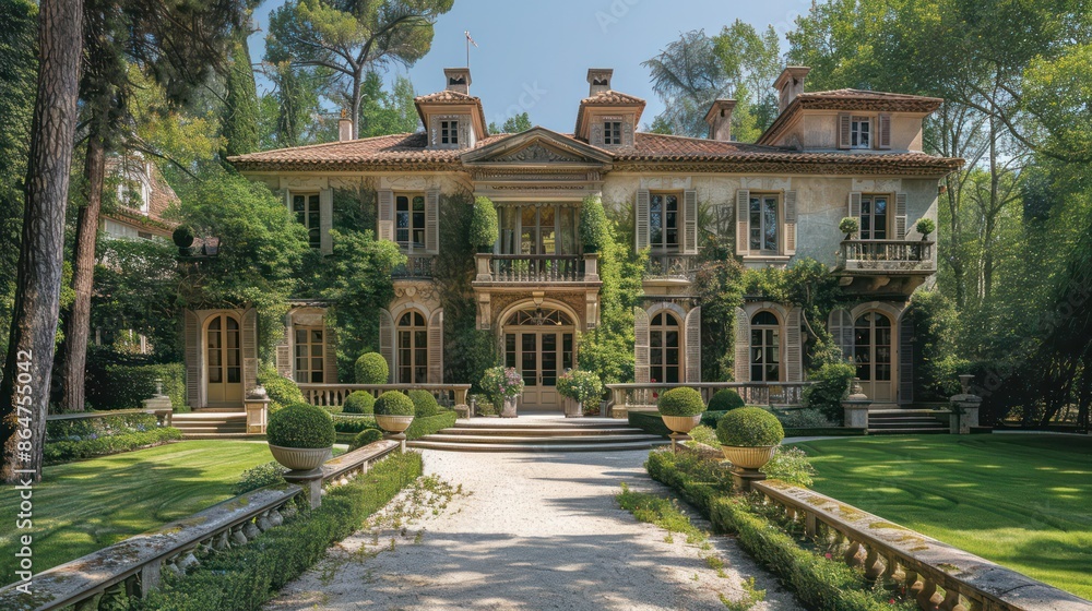 Obraz premium A large house with a large garden and a stone walkway