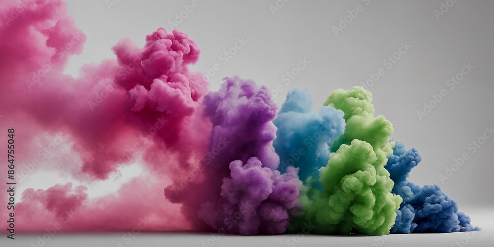 Fototapeta premium Eine dynamische Anordnung von Rauchwolken in Pink, Violett, Blau und Grün entfaltet sich und kreiert eine lebendige und farbenfrohe Szene voller Energie und Bewegung