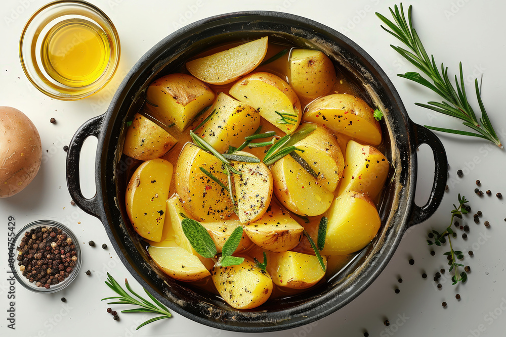 Crushed potatoes baked with rosemary in a plate on a ingredient background. AI generative Crushed potatoes baked with rosemary in a plate on a ingredient background. AI generative