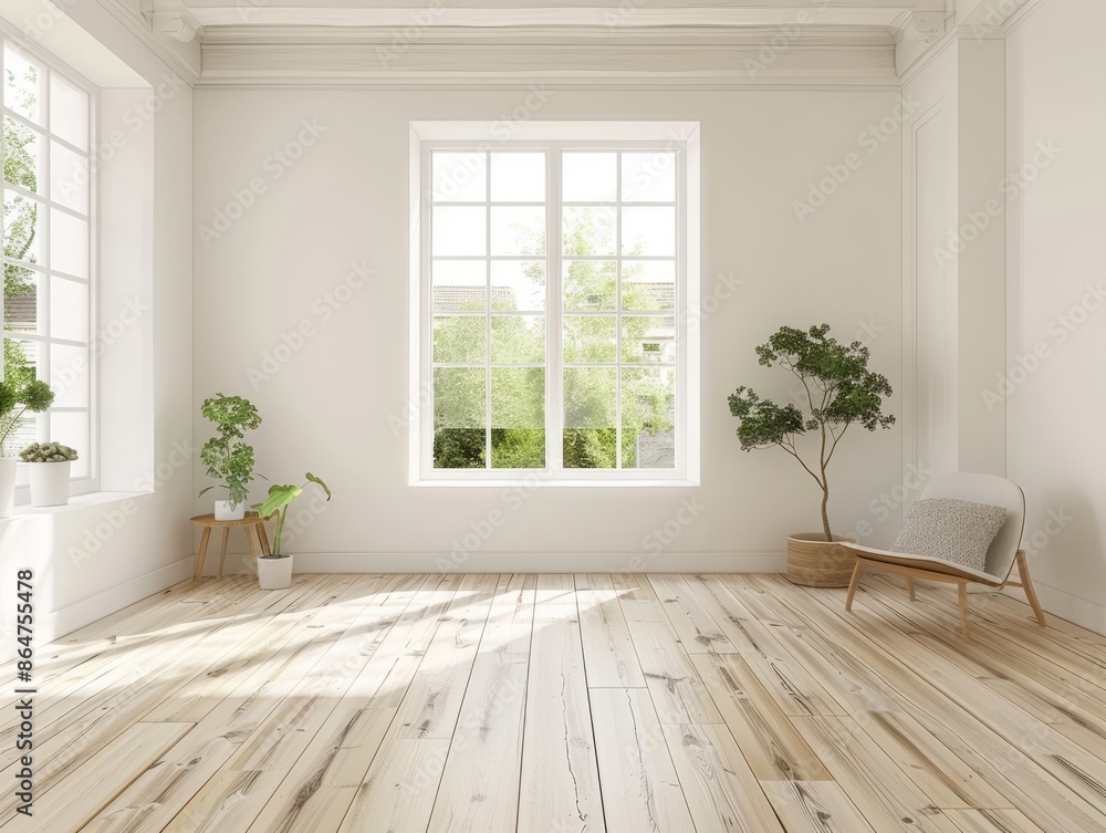 Fototapeta premium Empty white living room with only a few pieces of furniture, small Windows looking out onto the garden, wooden floors, natural light