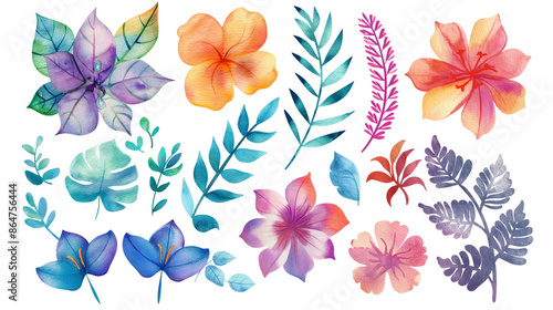 Colorful Watercolor flowers and leaf decorative illustrations isolated on a transparent background