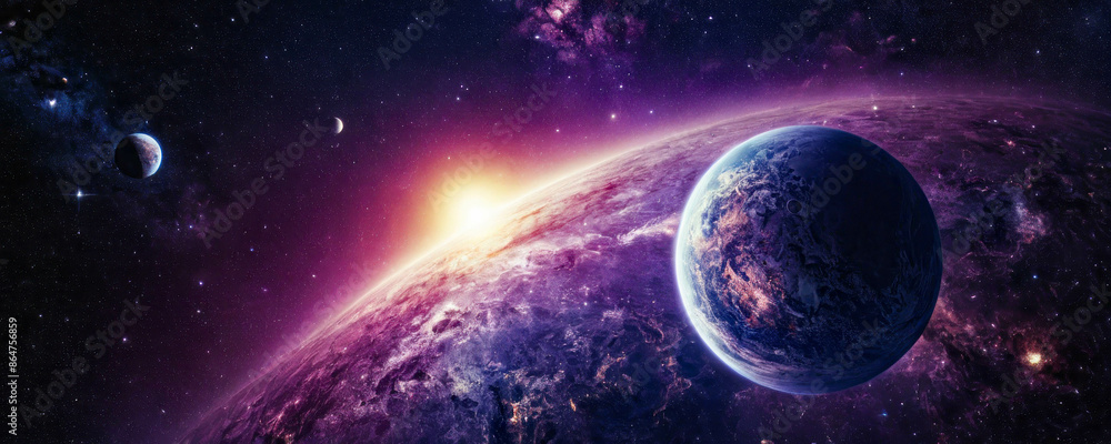 A planet is illuminated by the sunrise in a vast, starry galaxy A planet is illuminated by the sunrise in a vast, starry galaxy