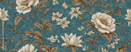 A seamless pattern featuring white flowers and brown leaves on a teal background
