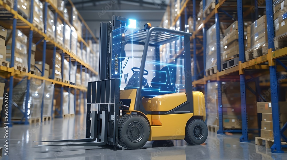 Modern warehouse scene with an AI-controlled forklift and augmented reality holograms for optimized storage, showcasing robotics and AR in logistics Modern warehouse scene with an AI-controlled forklift and augmented reality holograms for optimized storage, showcasing robotics and AR in logistics