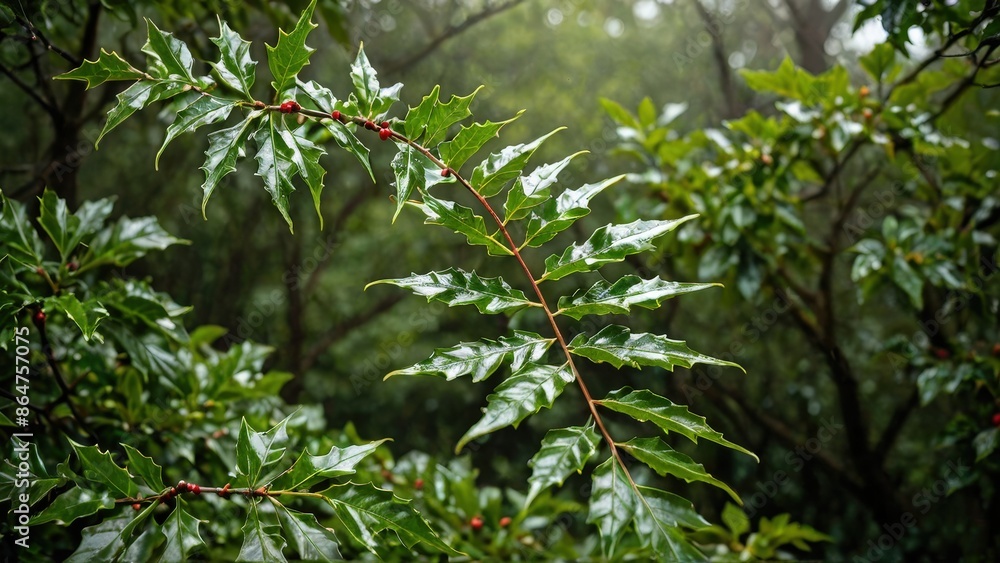 Lush Green Leaves with Red Berries. Lush Green Leaves with Red Berries.