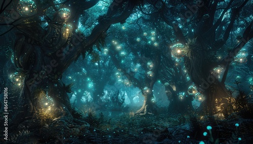 A mystical forest scene with glowing orbs and an enchanting atmosphere, suitable for fantasy themes. AIG59