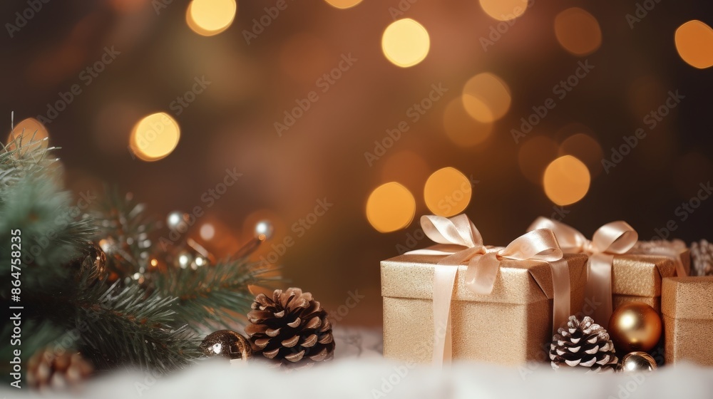 Golden Gift Boxes Under Christmas Lights Golden Gift Boxes Under Christmas Lights