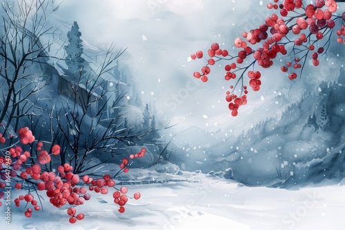 Winter landscape with red berries, watercolor,