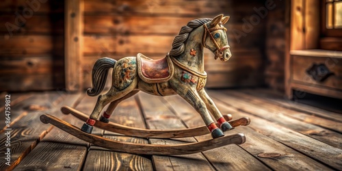 Isolated antique wooden rocking horse with intricate carvings and weathered finish sitting on a rustic wooden floor against a soft blurred background. photo