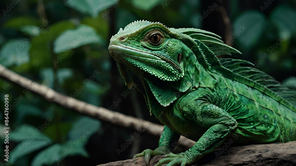Obraz premium green basilisk leaning on a branch in jungle