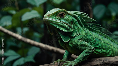 green basilisk leaning on a branch in jungle