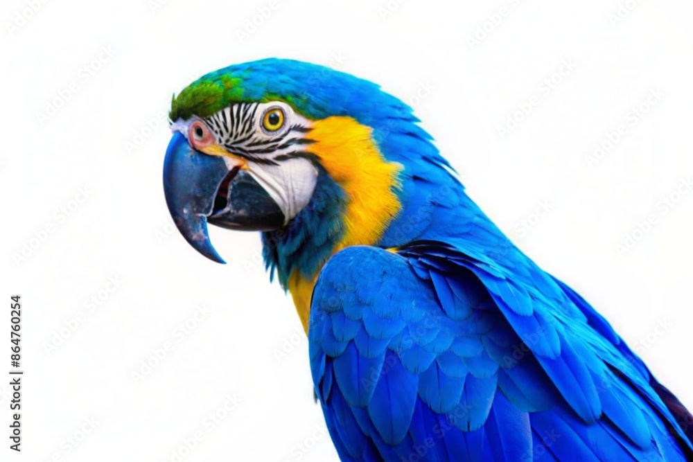 close-up of a flying blue and yellow macaw also known as blue and gold macaw on white background close-up of a flying blue and yellow macaw also known as blue and gold macaw on white background