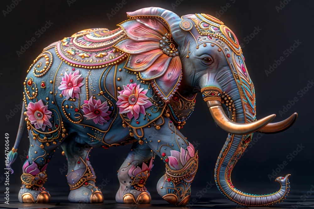 Obraz premium Majestic decorated elephant walking with ornamental floral decorations