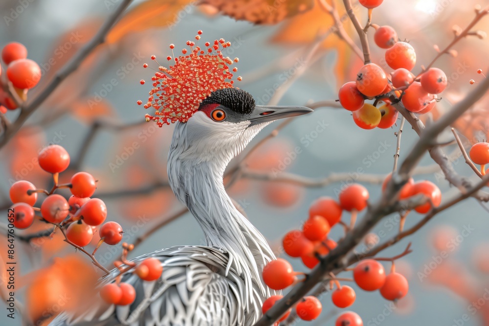 Fototapeta premium Grey crowned crane standing on branch with red berries