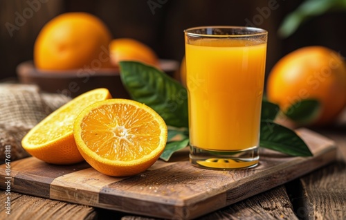 Fresh Orange Juice and Fruit Slices on a Wooden Table