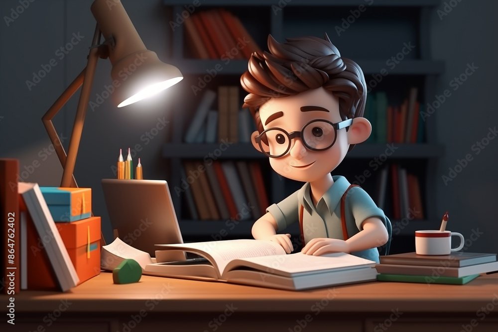 3D cartoon, a boy wearing eyeglasses reading a book at night time. 3D cartoon, a boy wearing eyeglasses reading a book at night time.