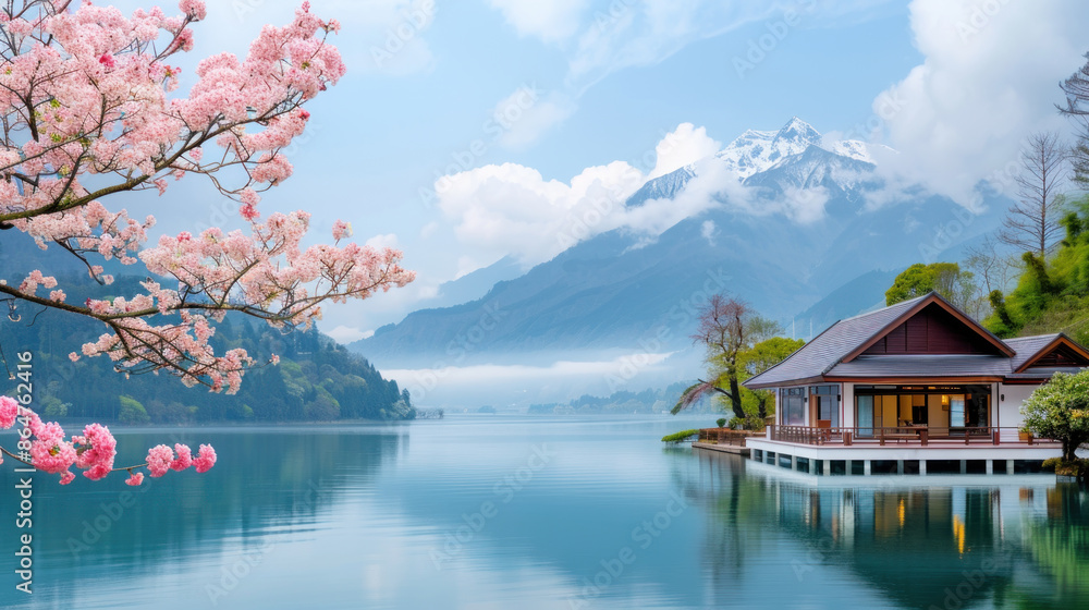 Naklejka premium Wooden house at calm lakeside with cherry blossom at spring
