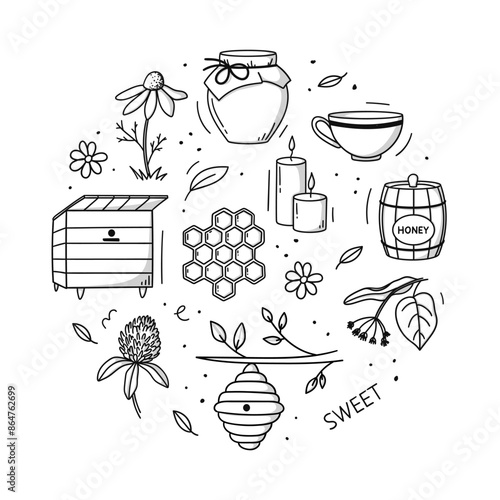 Vector collection of beekeeping and honey items hand-drawn in doodle style