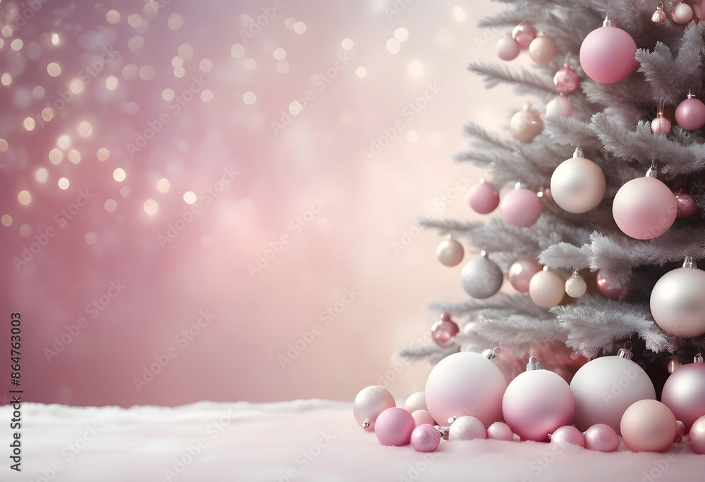 A close-up of a Christmas tree adorned with pink ornaments on the pink background and golden bokeh A close-up of a Christmas tree adorned with pink ornaments on the pink background and golden bokeh